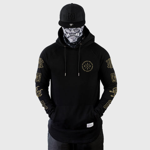 The Motto Scoop Pullover Hoodie (Gold on Black}