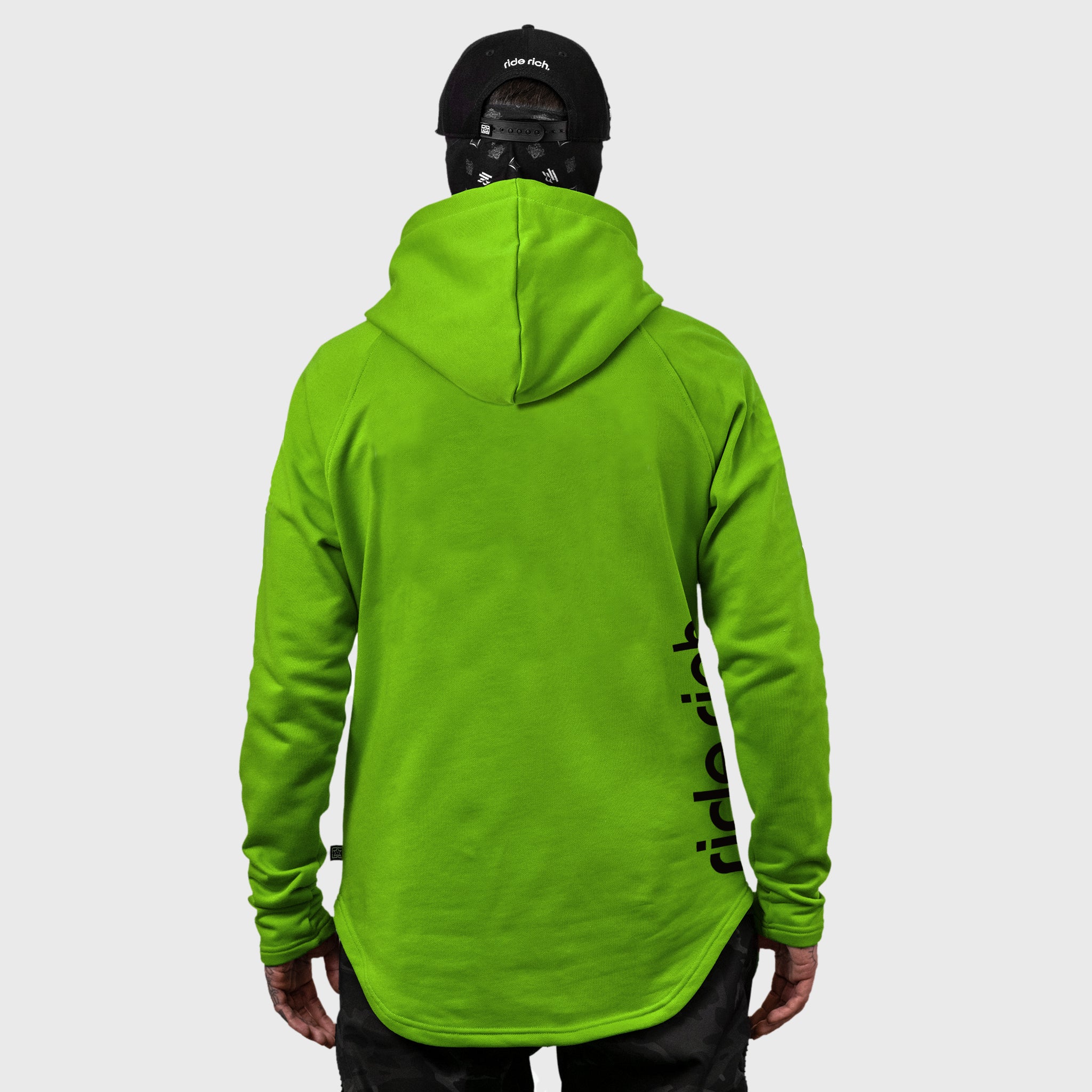 Ride Rich Emblem Scoop Pullover Hoodie {Black on Lime Green}