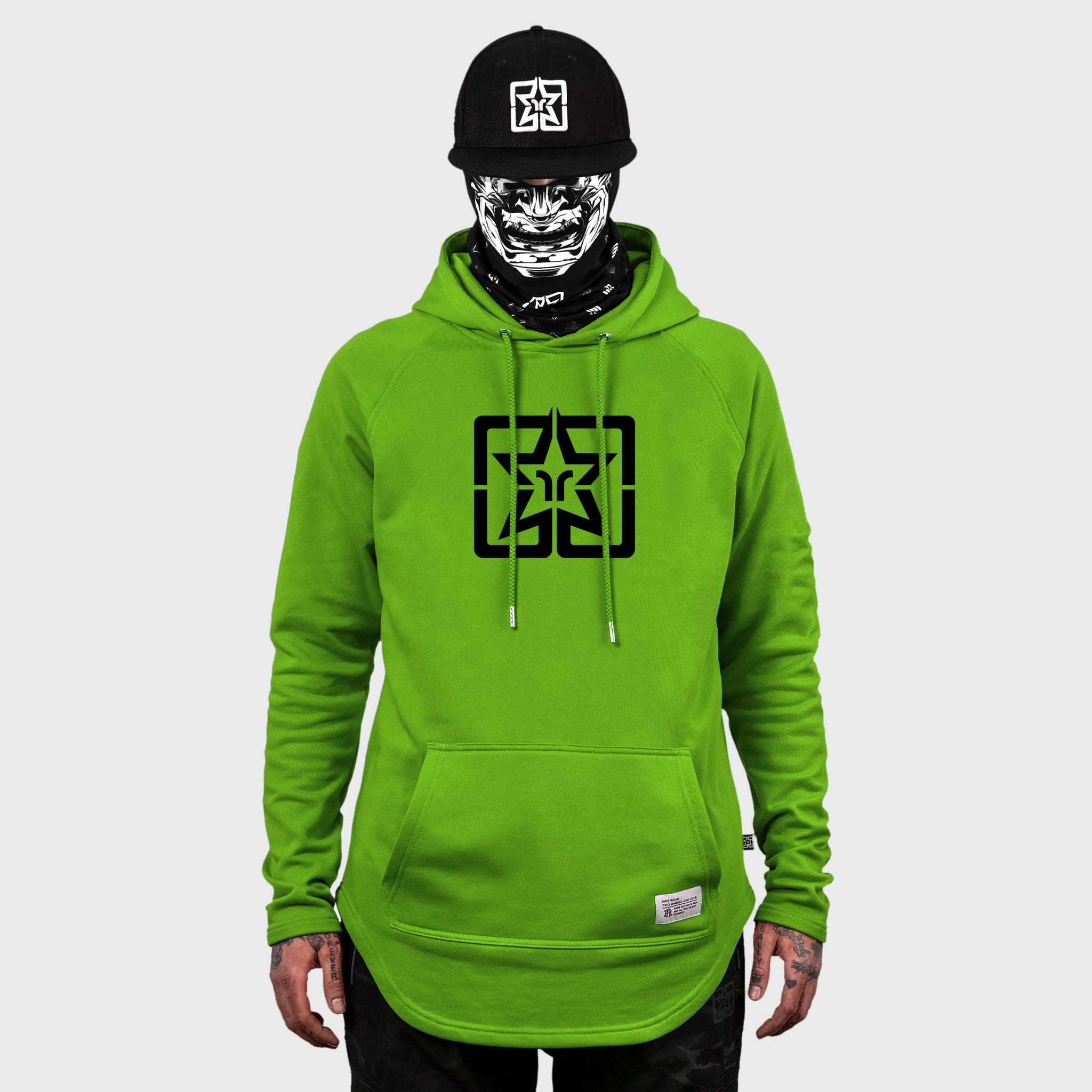 Ride Rich Emblem Scoop Pullover Hoodie {Black on Lime Green}