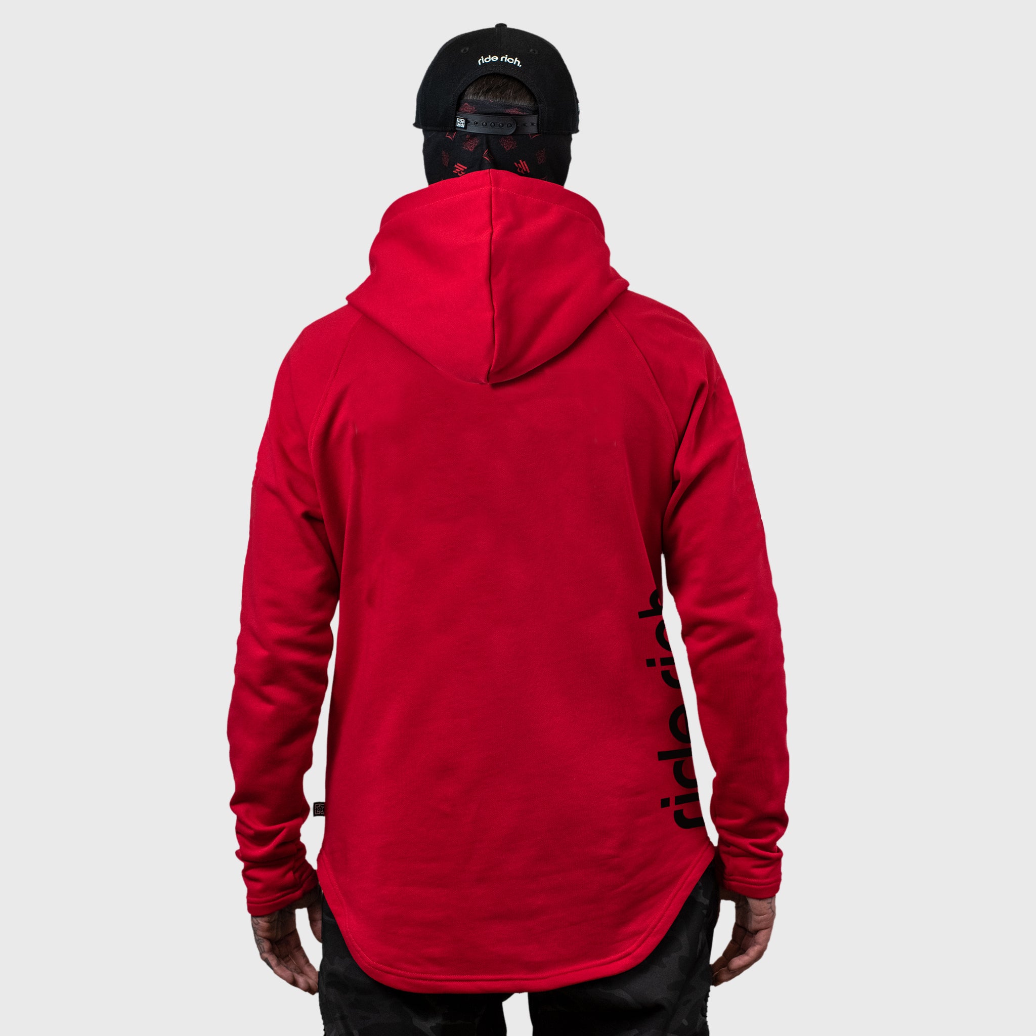 Ride Rich Emblem Scoop Pullover Hoodie {Black on Red}