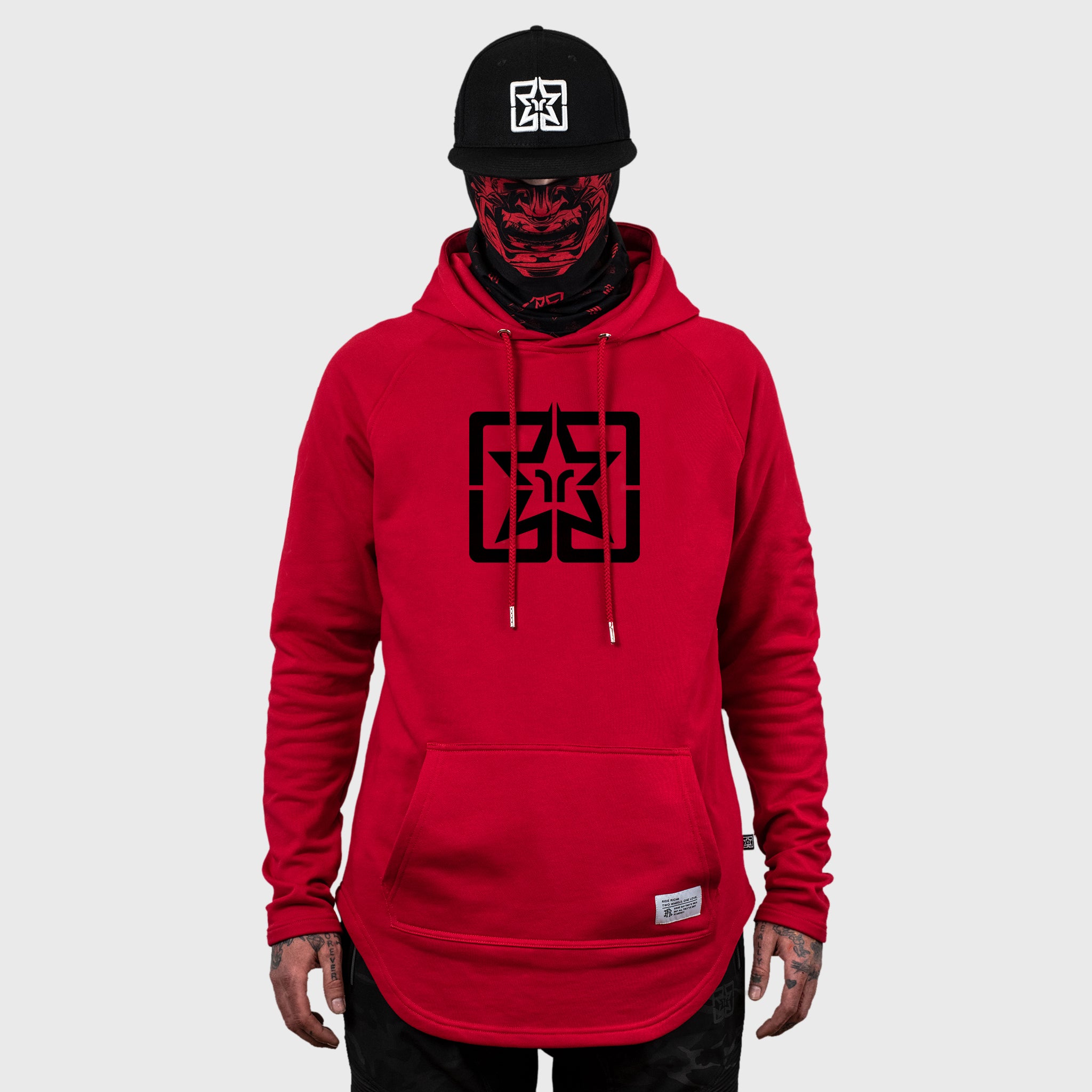 Ride Rich Emblem Scoop Pullover Hoodie {Black on Red}